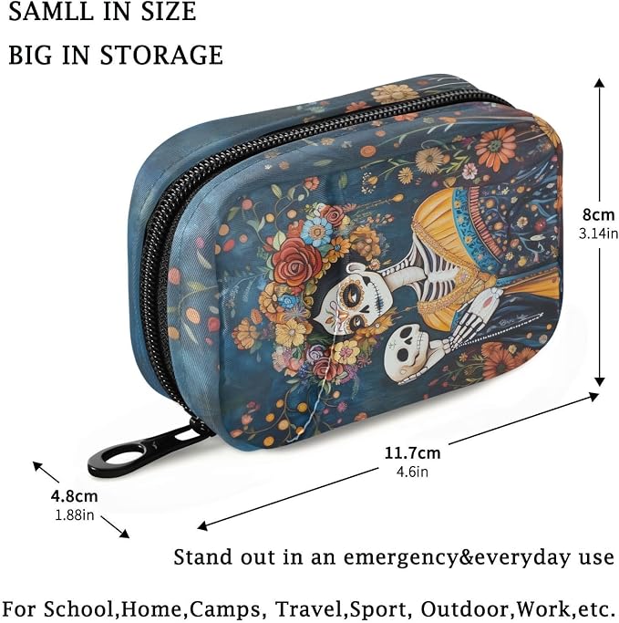 Fustylead Painting of Calavera Woman with Flower Pill Organizer Travel Bag, Small Portable Pill Case Cute for Vitamin Fish Oil Supplements Medicine Organizer with Zipper