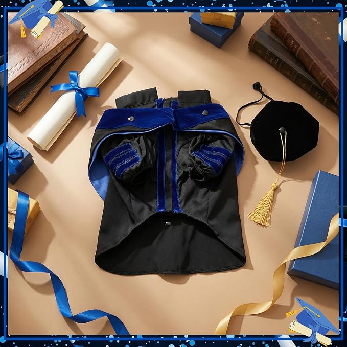 Huhumy 3 Pcs Dog Cat Graduation Doctoral Costume Set, 2026 Pet Phd Graduation Cap and Deluxe Doctoral Gown with Hood Side Tam Puppy Kitty Dogs Grad Holiday Party Costume Accessory(Royal Blue,XL)