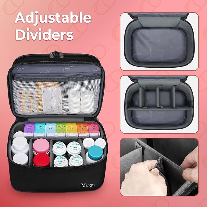 Mancro Dual Layers Medicine Organizer Bag with Lockable Zipper, XL | Pill Bottle Organizer Storage, Medication Bag for Pills, Vitamins, Medical Supplies for Home Storage, College Medicine Kit
