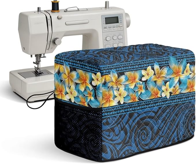 Sewing Machine Cover Polyester Febric Tribal Tattoo Plumeria Print | Dust Pet Hair Protection,Quilting Design,Fits Standard Singer,Brother Janome Machines,Protecting Decorating Your Sewing Space