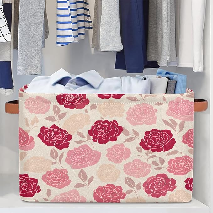 Pardick Roses Pink Flower Basket Storage Bins Large Fabric Toys Storage Cube Box with Handles Collapsible Closet Shelf Cloth Organizer Basket for Nursery Bedroom Bathroom Holiday Gift
