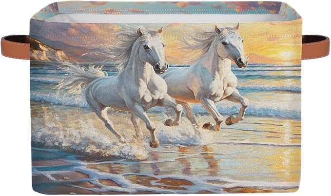Storage Baskets Bin, Animal Running Horse Beach Collapsible Canvas Fabric Storage Bin Decorative Baskets Toy Organizer Rectangle Storage Boxes with Handles for Home Shelves Nursery,1Pack,A-478