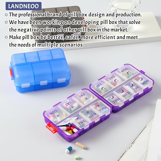 NEW Foldable & Double Protection Portable Weekly Pill Organizer 2 Times A Day with Etched Labels, AM PM 7 Day Week Medicine Box, Daily Travel Pill Case Dispenser for Vitamin, Supplement - Clear Purple