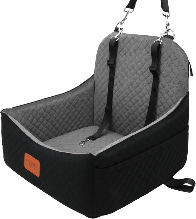 Dog Car Seat for Small Dogs,Pet Safety Travel Bed with 3Seatbelt-Black/Grey | Storage Pockets,Non-Slip Bottom,Memory Foam with Detachable Washable Cover and Easy to Install