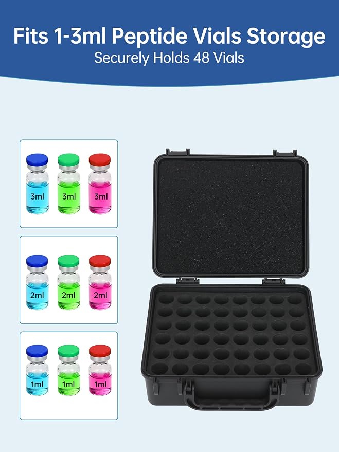3ml Peptide Case for Fridge-48Slots, Peptide CoolerTravel Case,Vial Holder | Fit 3ml Peptide Insulin Vials, Durable Latches, Handle, Shock-absorbing EVA Foam, Small Size, Waterproof, TSA Approved