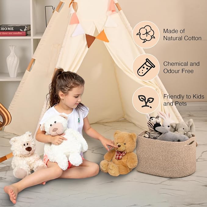 ICERZCZ Woven Cotton Rope Storage Basket for Organizing, Cute Decorative Baskets for Gifts Empty, Organizer Bins for Dog Toy, Baby Laundry, 17“×13”×9.5“, Brown