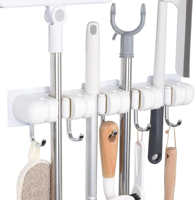 OTraki Broom Holder Wall Mount, No Drill Mop and Broom Organizer | with 4 Slots and 5 Hooks, Garden Tool Hanger for Laundry Room Closet Kitchen Garage Storage and Organization