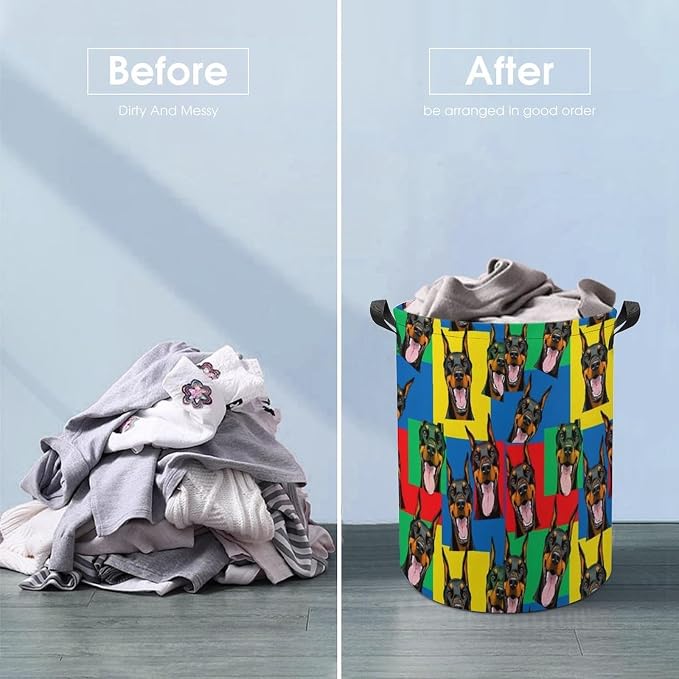 Portable Laundry Hamper with Handles Doberman Pinscher Dogs, Foldable Waterproof Clothes Basket for Bedroom, Nursery, and Bathroom Storage