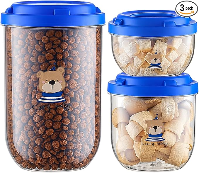 3-Pack Airtight Dog Treat Container Set - Clear Plastic Pet Food Storage Canisters for Kitchen Counter Pantry Organization - Small Stackable Jars for Cat Snacks, Bird Hamster Food, Blue Lids