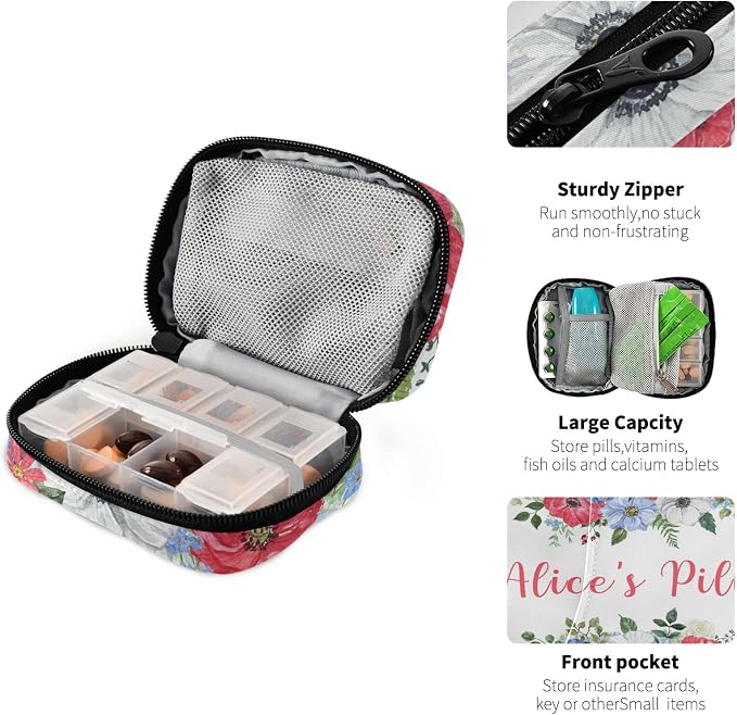 Custom Pill Box 7 Day Pill Case Bag Vintage Watercolor Flowers Personalized Name Travel Pill Organizer Bag with Zipper Portable Weekly Case Compact Size for Vitamin Supplement Holder