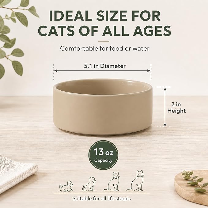 Havniva Cat Bowls Set of Two, 5.1” Ceramic Cat Food Bowls, Cat Water Bowl | Cat Food and Water Bowl Set, Non-Slip Base, Food-Grade Ceramic, Wide Opening, Dishwasher Safe, Pet Bowls Whisker Friendly