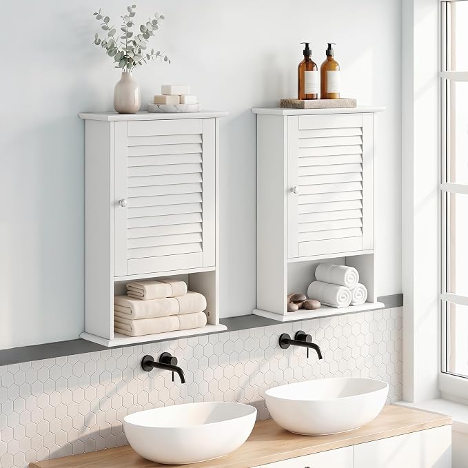 Tangkula Medicine Cabinet, Wall Mounted Bathroom Cabinet Single Door Wooden Bathroom Wall Cabinet with Adjustable Shelf