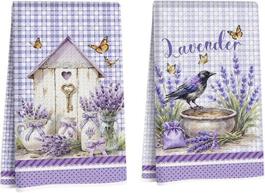 2 Pcs Watercolor Lavender Kitchen Towels, Purple Aesthetic Decorative Absorbent Microfiber Dish Cloth Tea Towel, Checkered Waffle Soft Hand Towels for Farmhouse Home Bathroom Decor, Housewarming Gifts