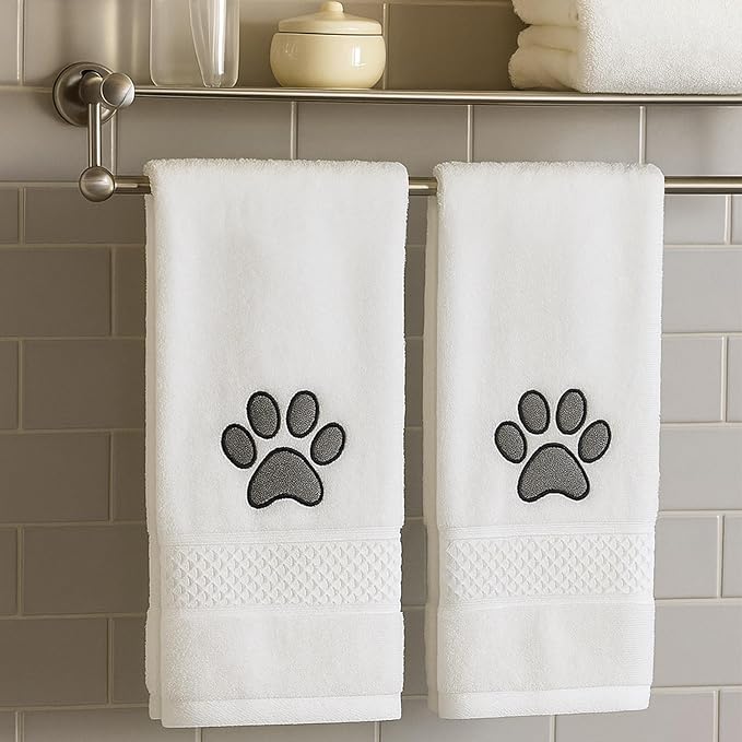 SmoothNovelty 2 Pcs Dog Paw Hand Towels Beige Bathroom Decor 13 x 29 Inch 100% Cotton Embroidered Soft Hand Towels Absorbent Farmhouse for Kitchen Restroom