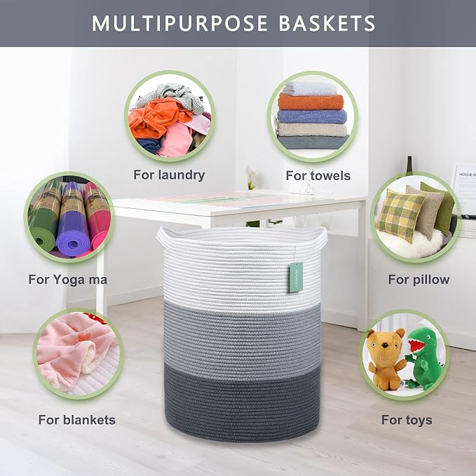 Cotton Rope Blanket Basket, 72L Tall Laundry Hamper, White & Gray