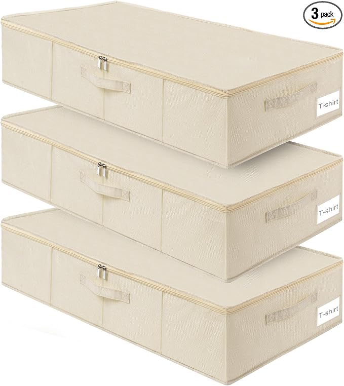 punemi Sturdy Under Bed Storage Box, Wedding Dress, 3Pack, Beige | Rigid Sides & Bottom, 50L Large Capacity for Evening Gowns & Heirlooms, Ideal for Closet, Shelf & Cabinet Storage