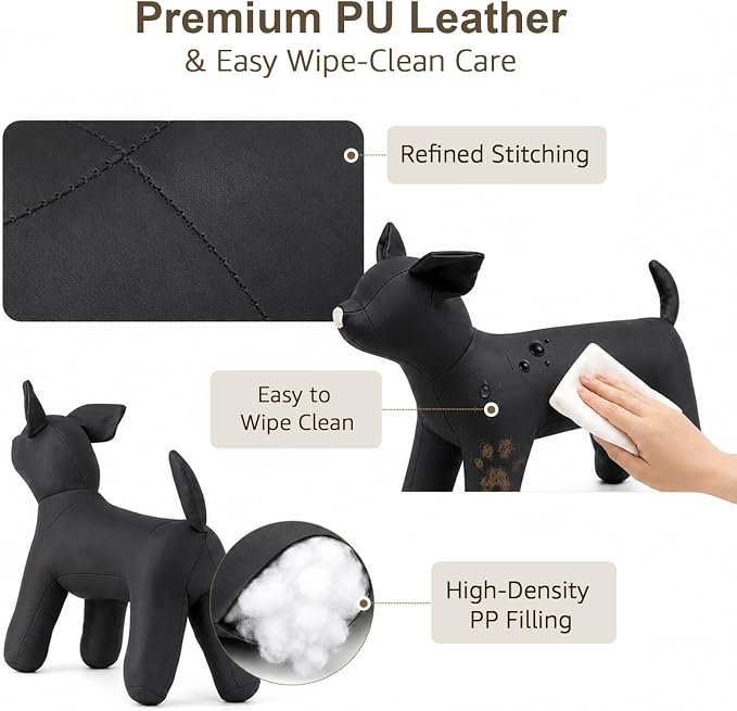 Dog Mannequin PU Pet Clothing Display Stand Cute Dog Hangers for Clothes Store Leather Pet Sewing Mannequin Durable Puppy Standing Model (Black, Small)