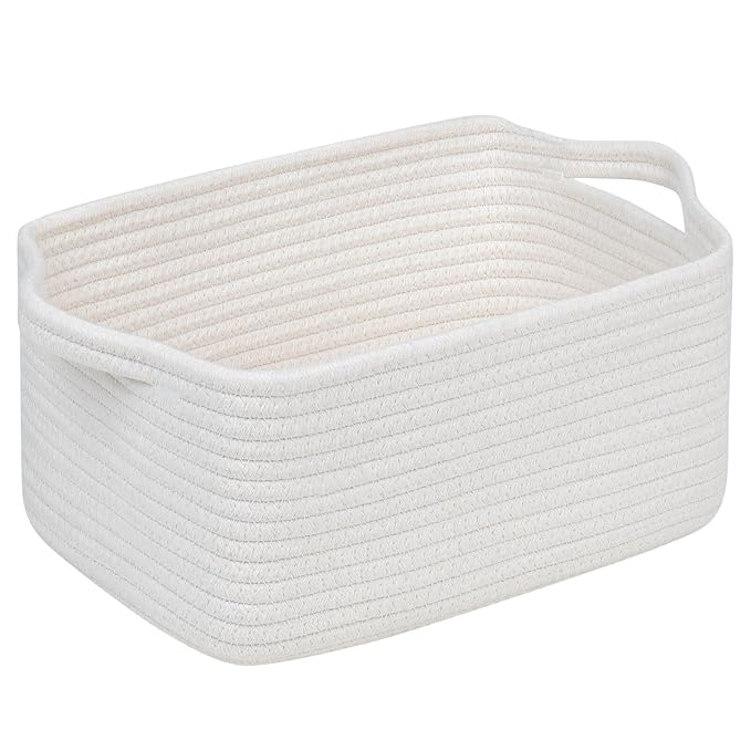 CubesLand Woven Rope Storage Basket for Laundry, Toys Organizing, Nursery | Organizer Basket for Book Clothes Shoes Bedroom Home & Living Room Decor, with Durable Handle, Rectangular 14x10x7.08IN White
