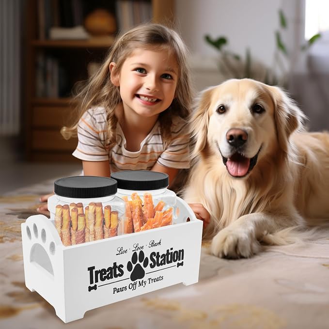 Dog Treat Container With 2 Plastic Jars, Farmhouse Pet Food Storage Organizer for Dogs and Cats (White)
