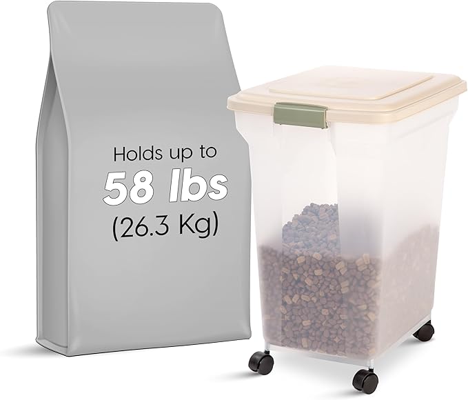 IRIS USA Dog Food Storage Container, Up to 58 lbs, Almond, Made in USA | Wheels for Mobility, Airtight Seal, BPA-Free, Best for Bird Seed, Cat food, Cat Litter, Chicken Feed, Pellets
