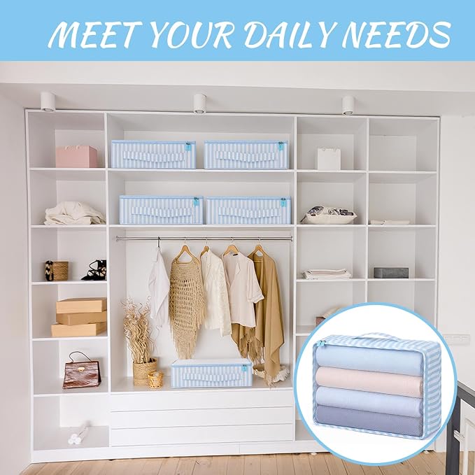 Silkfly 8 Pcs XL Packing Cube for Travel Luggage,Stripe,Blue, White | 17.7 x 13 x 4.7, Same Size, Blue White Stripe Suitcase Storage Organizer Set, Reusable Mesh Clothes Cube for Camp Family