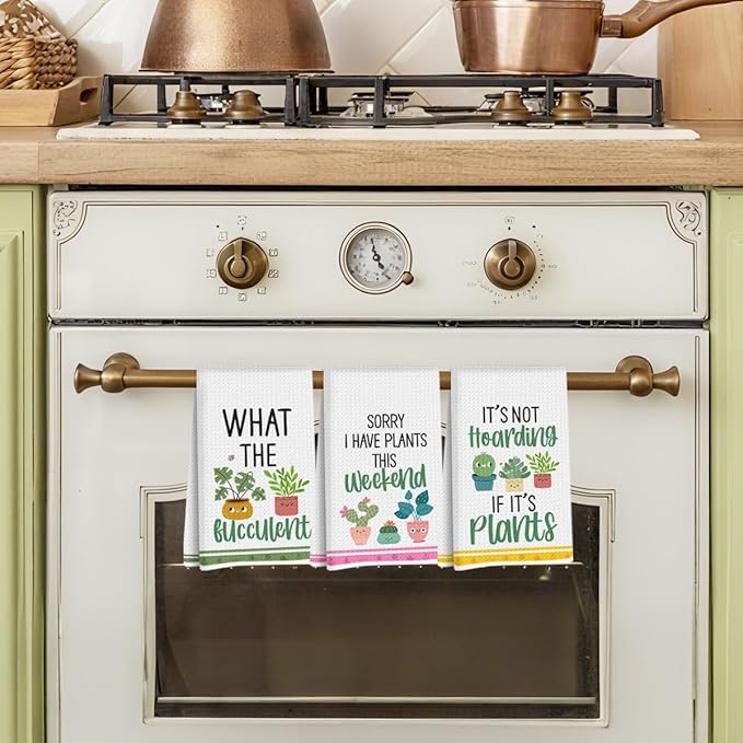 3 Pcs Funny Kitchen Towels, Plant Lover Gifts for Women Gardener Mom, Succulent Cactus Plant Gifts Dish Towel, Leaves Waffle Weave Hand Tea Towels for Kitchen Home Farmhouse Decor-24x14 Inch