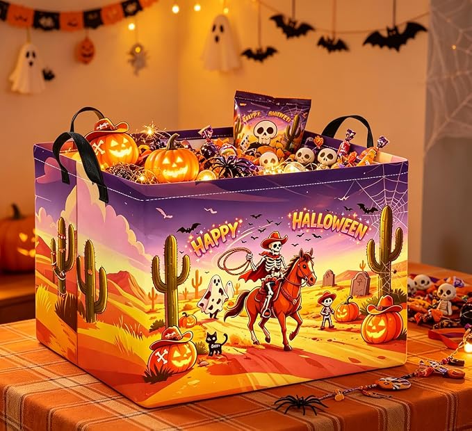 Rectangle Storage Basket with Handles,Collapsible Storage Bin,Books Box,Gift Basket(Cowboy Halloween)