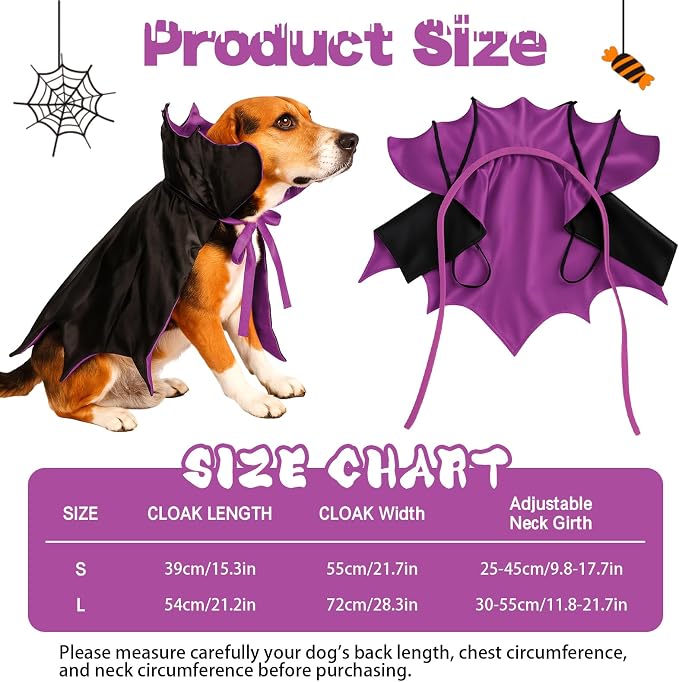 Dog Halloween Costume, Pet Cape for Small Puppy Dogs Cat Funny Red & Black Halloween Costumes with Neck Armor Adjustable Strap Idea for Vampire Party Cosplay (Purple Bat, S)
