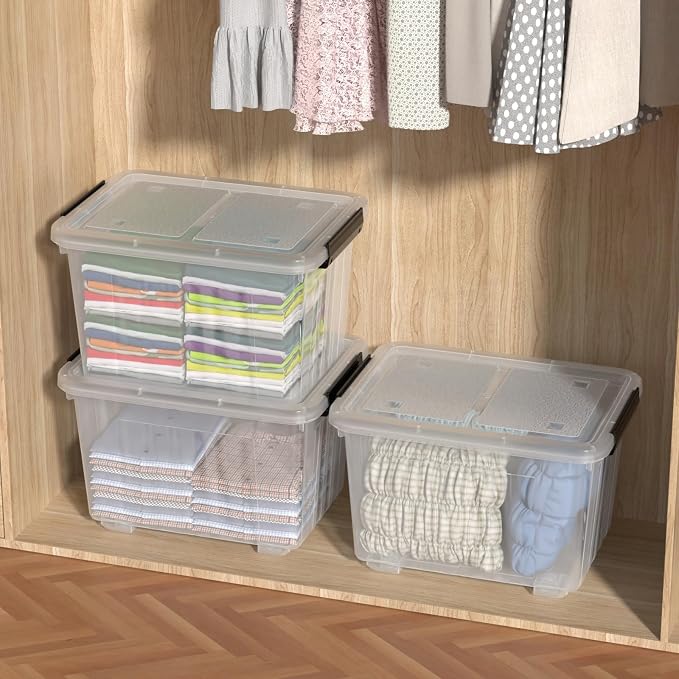30 Quart Stackable Clear Plastic Storage Container Bin, 4 Packs | Latching Totes with Lids and Wheels for Organization