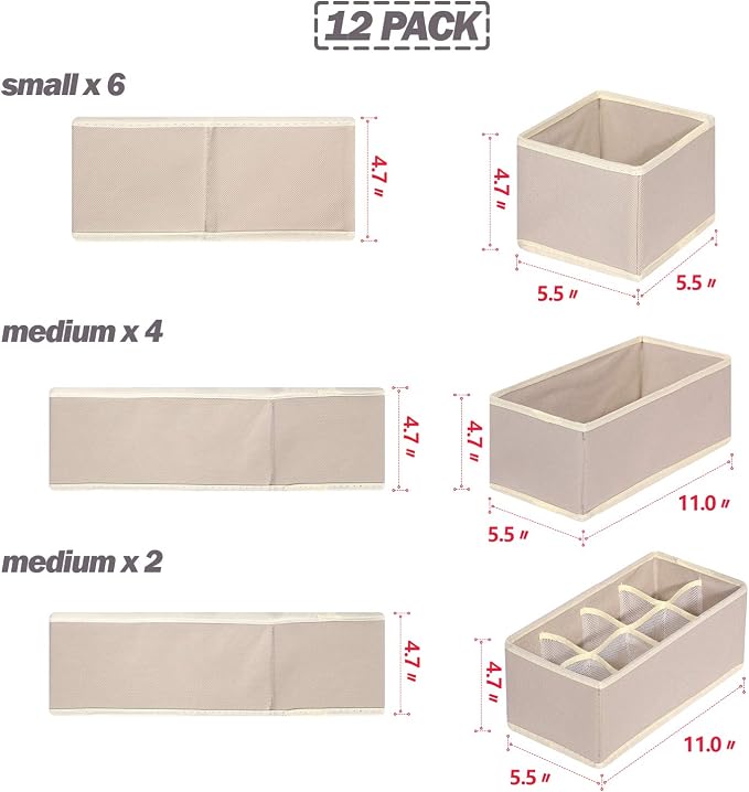 12 Pack Foldable Drawer Organizer Dividers Cloth Storage Box Closet Dresser Organizer Cube Fabric Containers Basket Bins for Underwear Bras Socks Panties Lingeries Nursery Baby Clothes Beige NN246