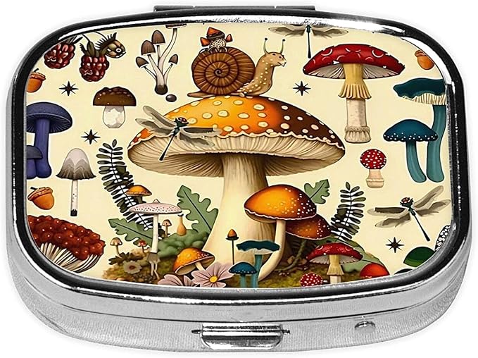 ABLESKY Pill Box, 2 Compartment Pill Organizer Case for Pocket or Purse, Small Portable Metal Travel Medicine Box with Mirror, Daily Vitamins Fish Oil Container-Vintage Snail Fantastic Mushroom