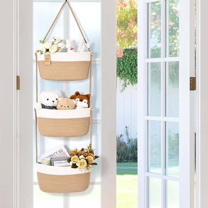 Hanging Basket, 3-Tier Woven Wall Basket with 4 Hooks, Cotton Rope Storage Baskets, Over the Door Organizer for Nursery, Bedroom, Cottage and Boho Wall Decor