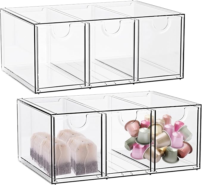 2 Pcs Tea Bag Organizer Drawer, Clear PET Tea Storage Organizer for Drawer Cabinet, Stackable Three Drawer Design, Easy View Tea Holder, Space Saving for Kitchen and Office