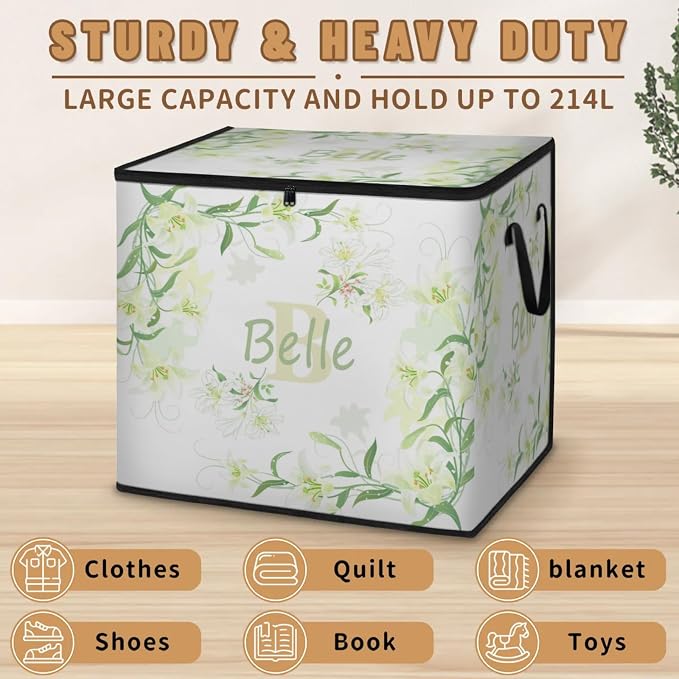 Custom Storage Baskets Cubes for Home with Name, Initial letter Large Foldable Organizer Storage Bins for Home Blanket Comforters Clothes Closet Nursery, Light Yellow Lily Floral