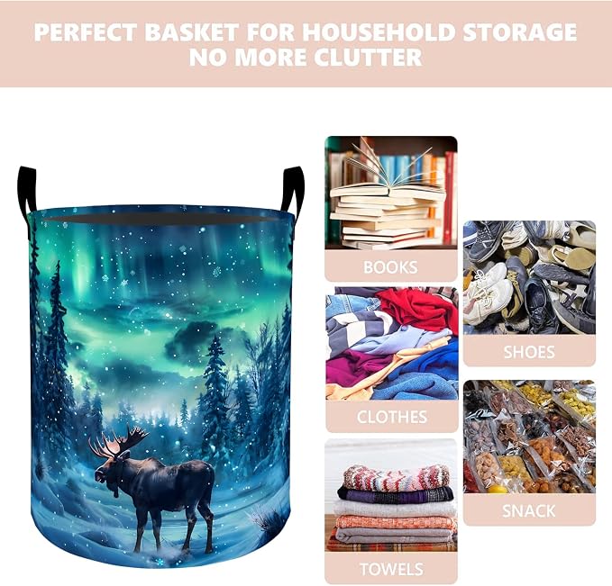 Northern Lights Moose Laundry Basket Hamper 19.7"x15.8", Organizer Bins Gifts for Kids Boys Girls, Snow Forest Animal Foldable Waterproof Oxford Clothes Storage Bucket for Bedroom Bathroom Decor