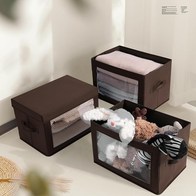 Collapsible Storage Bins with Clear Window - Clothes Organizers and Storage, Decorative Boxes with Lid, Fabric Storage Cube, Storage Baskets for shelves, Yarn, Home, Brown, 4-Pack