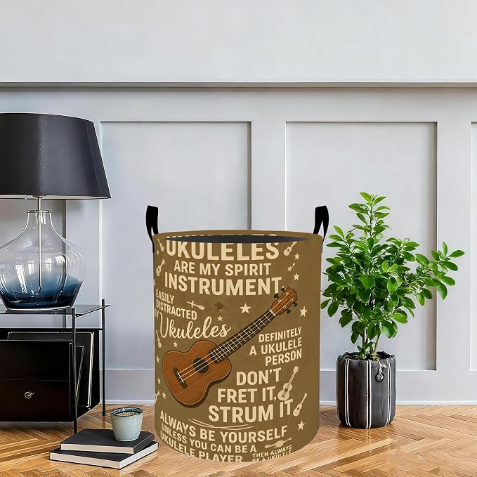 Rustic Music Ukulele Laundry Basket Hamper, Organizer Bins Gifts for Women Kids, Musical Quote Foldable Waterproof Clothes Hamper Handles Storage Bucket for Bedroom Bathroom Room Decor 19.7"x15.7"