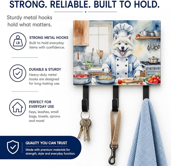 Caroline's Treasures American Eskimo The Chef Leash or Key Holder Wall Hooks, Key Hooks Holder, Coat Rack Wall Mount, Coat Hooks, Hooks for Hanging Keys, Towels, Aprons, Leashes | American Eskimo The Chef artwork on ceramic tile with three steel hooks ...