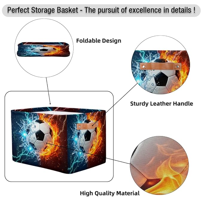 AUUXVA SEULIFE Football Soccer in Fire Water Foldable Storage Basket, Large Collapsible Organizer Storage Bin Cube Toys Storage Boxes with Handles for Bathroom Kids Nursery Closet Storage, 1 Pack