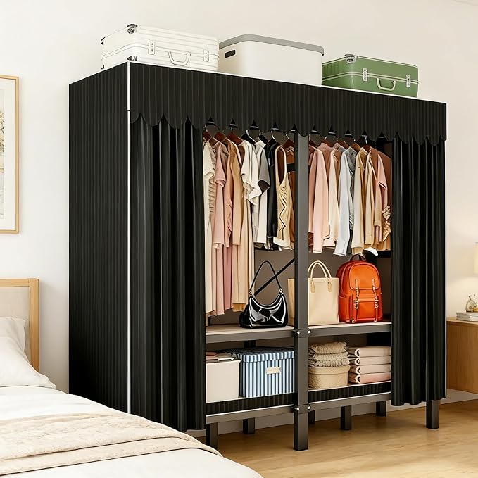 59.1in Heavy Duty Portable Closet, Foldable Wardrobe Closet with Cover, Metal Clothing Shelves for Clothes Organizers and Storage, for Bedrooms, Apartments, Rental Properties (Black, 59.1in)