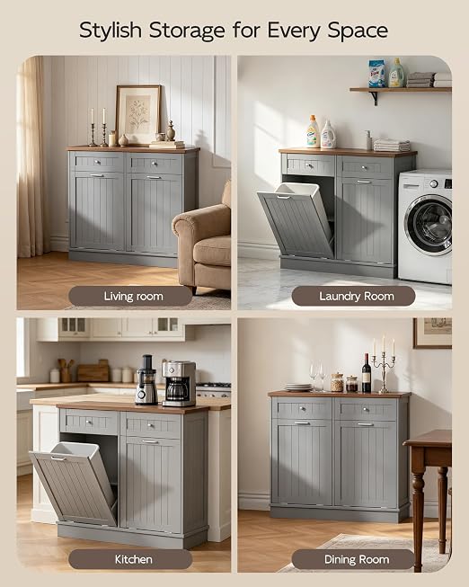 Betterhood Double Tilt Out Trash Cabinet with Power Outlet & USB, Hidden Garbage Can Holder with 2 Storage Drawers, Wooden Laundry Hamper for Kitchen, Bathroom, Living Room, Grey