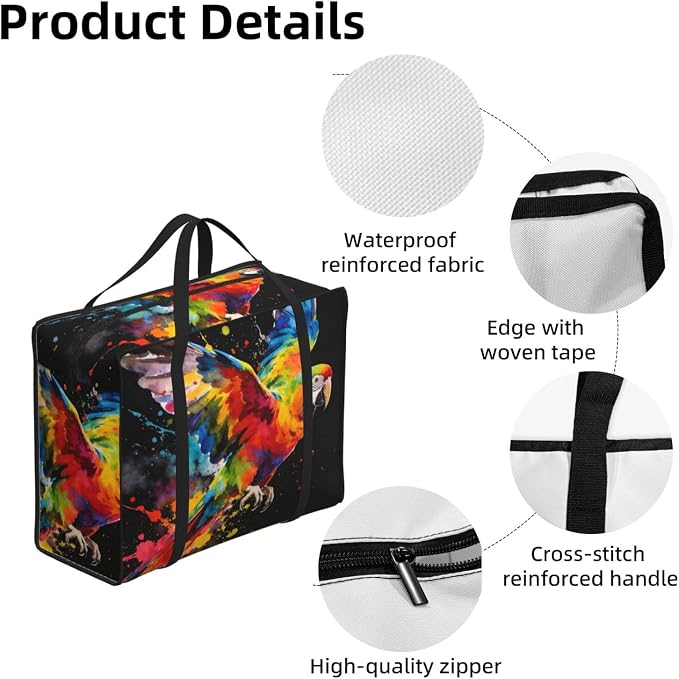 Waterproof Storage Totes, Oxford Fabric Packing Bags with Zipper Closure for Moving Supplies and College Dorm, Paint Splash Parrot Vibrant Tropical