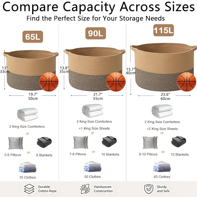 115L Extra Large Blanket Basket,Woven Laundry Basket-Jute&Black | Collapsible, reinforced handles, nursery storage bin organizes clothes, toys and pillows for living room, bedroom bathroom