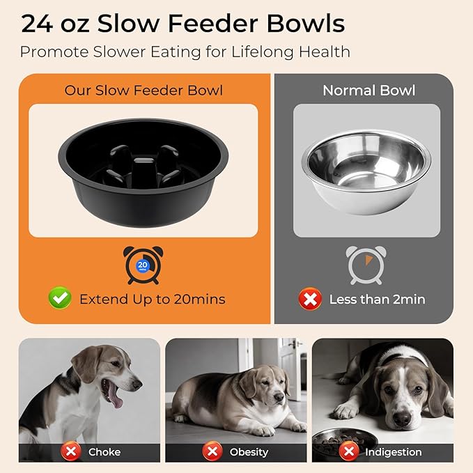 URPOWER Mess Proof Elevated Dog Bowls, High Wall Splash Guard Design, 4 Height Adjustable Raised Bowl Stand with Stainless Steel Bowl & Slow Feeder Bowl, Non-Slip Food Water Set for Small, Medium Dogs