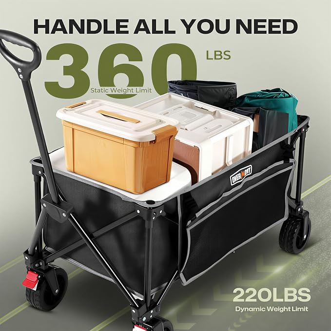 Overmont Collapsible Wagon Cart with Wheels - 180L Foldable Heavy Duty Wagon with Big All-Terrain Wheels - 330Lbs Weight Capacity with Side Pockets for Camping Sports Garden Grocery Shopping Black