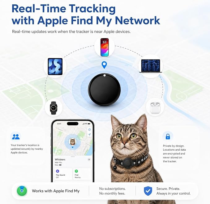Cat Collar (iOS Only) - Pet Tracker Compatible with Apple Find My, Waterproof Smart Tag, No Monthly Fee. Advanced Safety Solution for Small & Large Cats.