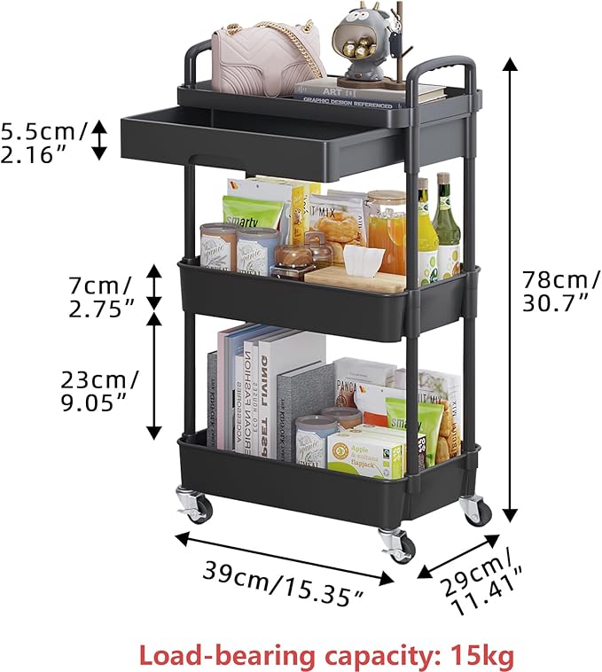 Calmootey 3-Tier Utility Cart with Drawer & Wheels, Storage for Home,Office | Space-Saving Organizer, Sturdy Plastic Shelves, Smooth-Rolling Metal Wheels, Built-in Drawer for Small Items, Black