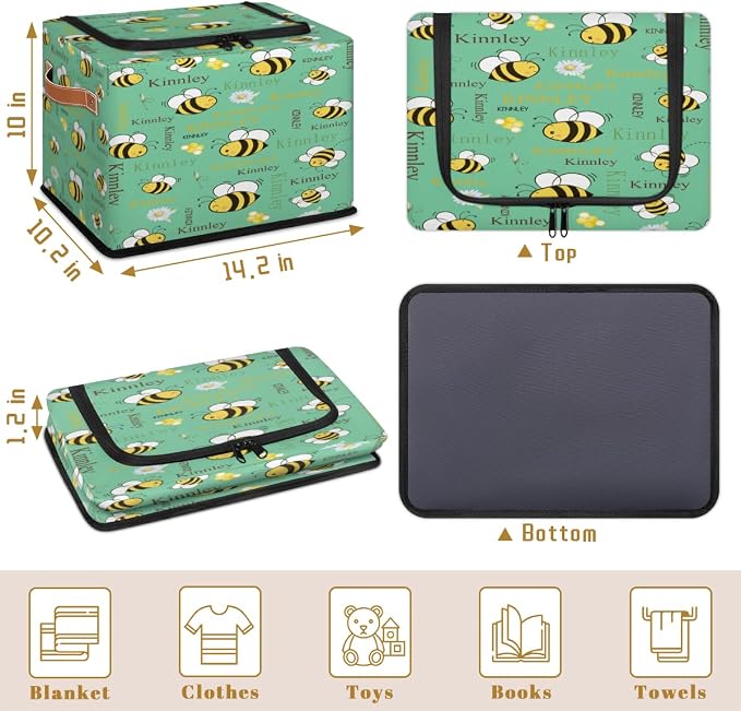 Personalized Black Storage Basket with Name, Mint Green, Bee with Daisy Floral Zipper Lid Laundy Hamper Dirty Clothes Pet Toys Storage Bin with Handles for Shelf Home Closet Kitchen