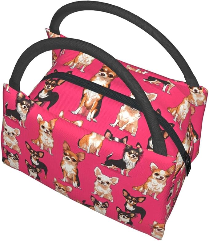 Chihuahua Insulated Lunch Box for Kids Adults Pet Lovers,Reusable Tote Bag with Playful Dog,Portable Lunchbox Handbag,Makeup Bags Organizer Gifts for Work Office Travel Picnic,11x6.3x6.7in
