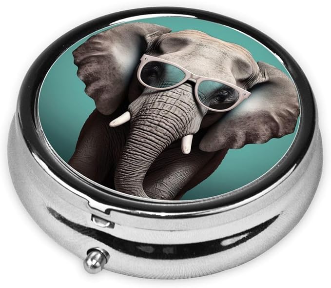Round Pill Box Elephant with Glasses Pill Case for Purse & Pocket 3 Compartment Pill Organizer Portable Travel Pillbox Medicine Pill Holder Container for Daily Vitamin Cod Liver Oil Storage